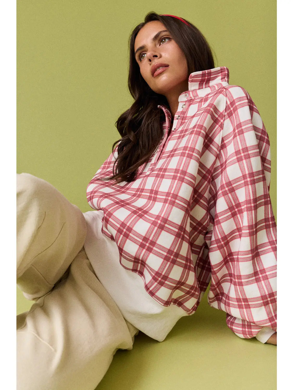 Natalie plaid snap button pullover