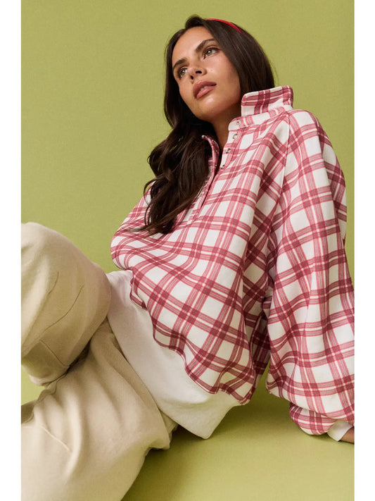 Natalie plaid snap button pullover