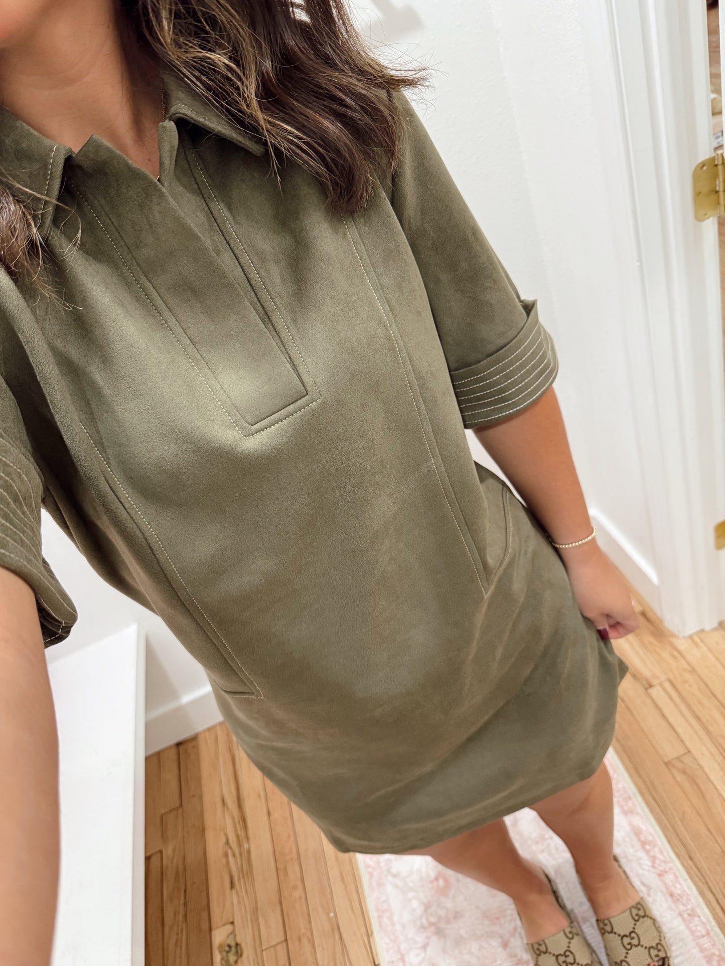 short sleeve collared suede dress