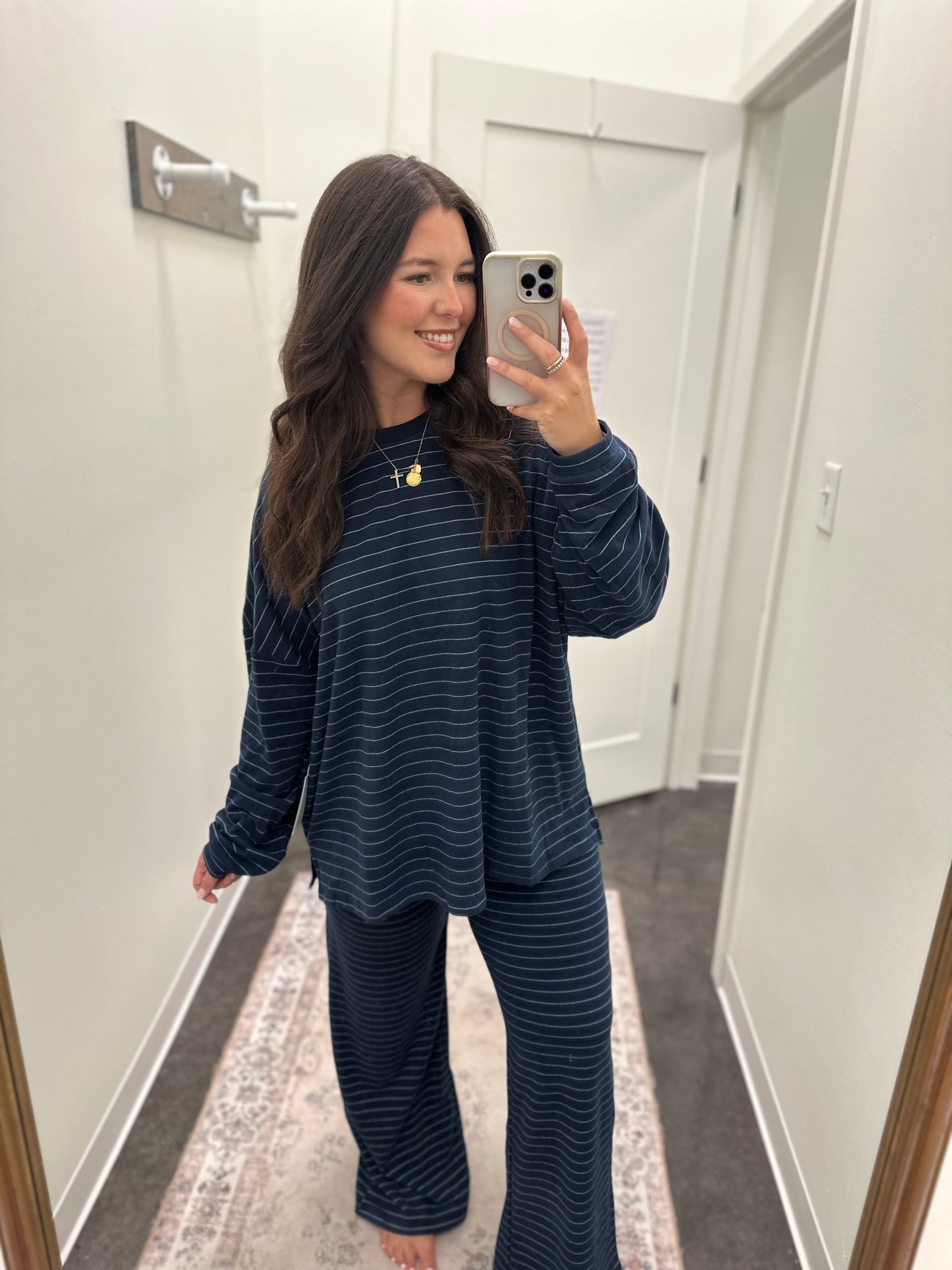 Navy striped fleece lounge pant