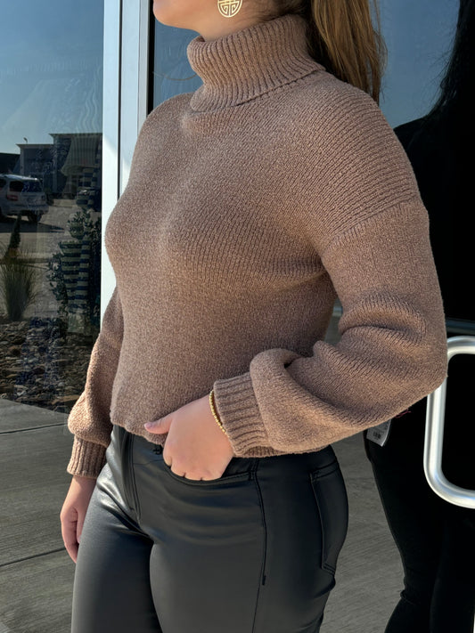 brown turtleneck sweater