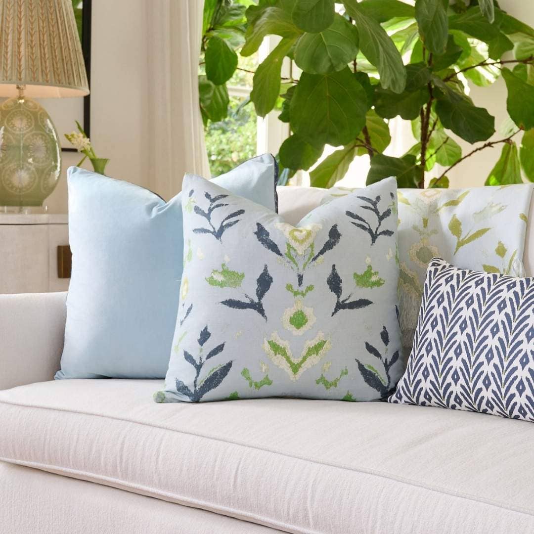 Light Blue Velvet Pillow with Navy Embroidery