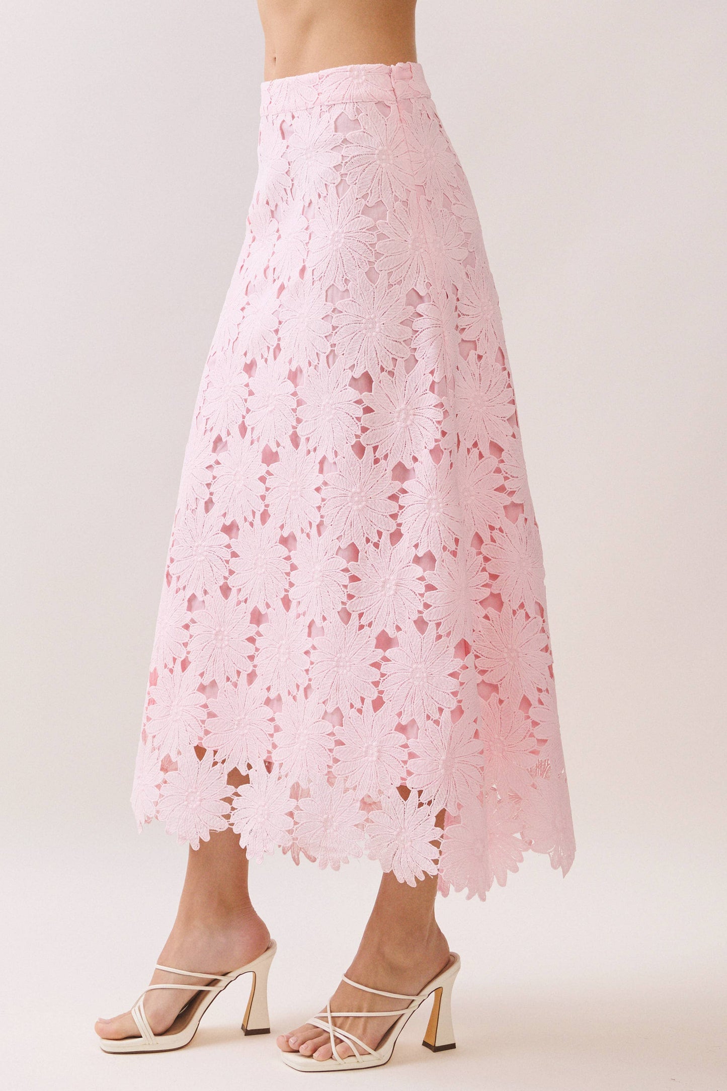 Floral Lace Scalloped Hem Fully Lined Midi Skirt