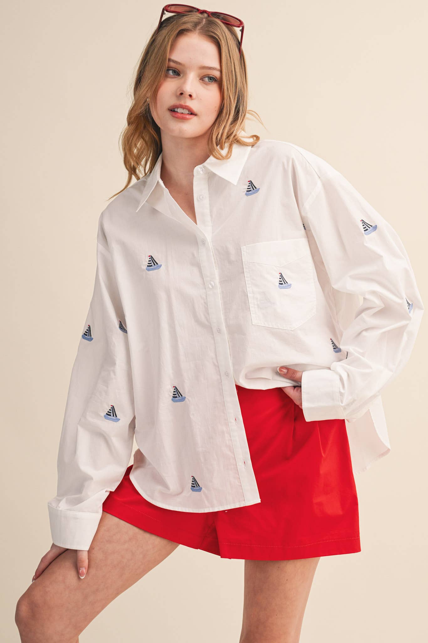SAILBOAT EMBROIDERY BUTTON DOWN SHIRT