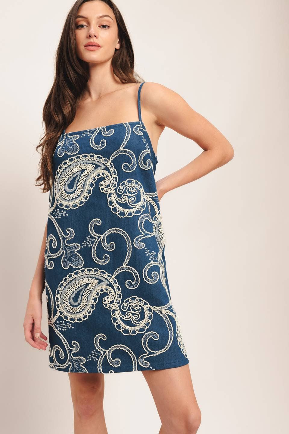 lightweight embroidered denim mini