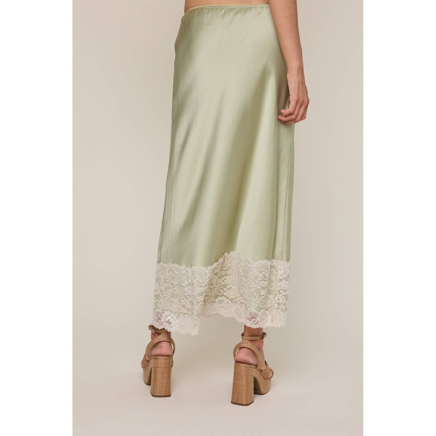 LACE TRIM SATIN MIDI SKIRT