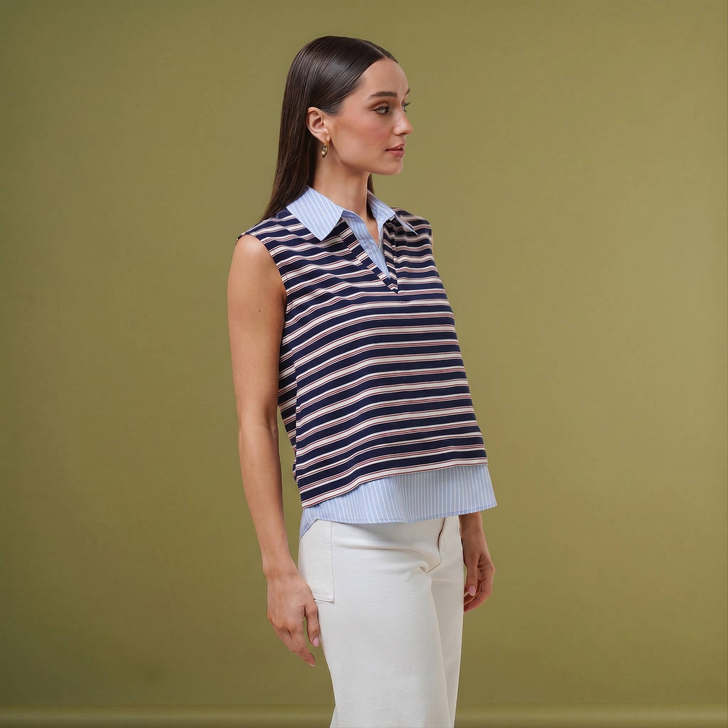 Layered look striped knit top