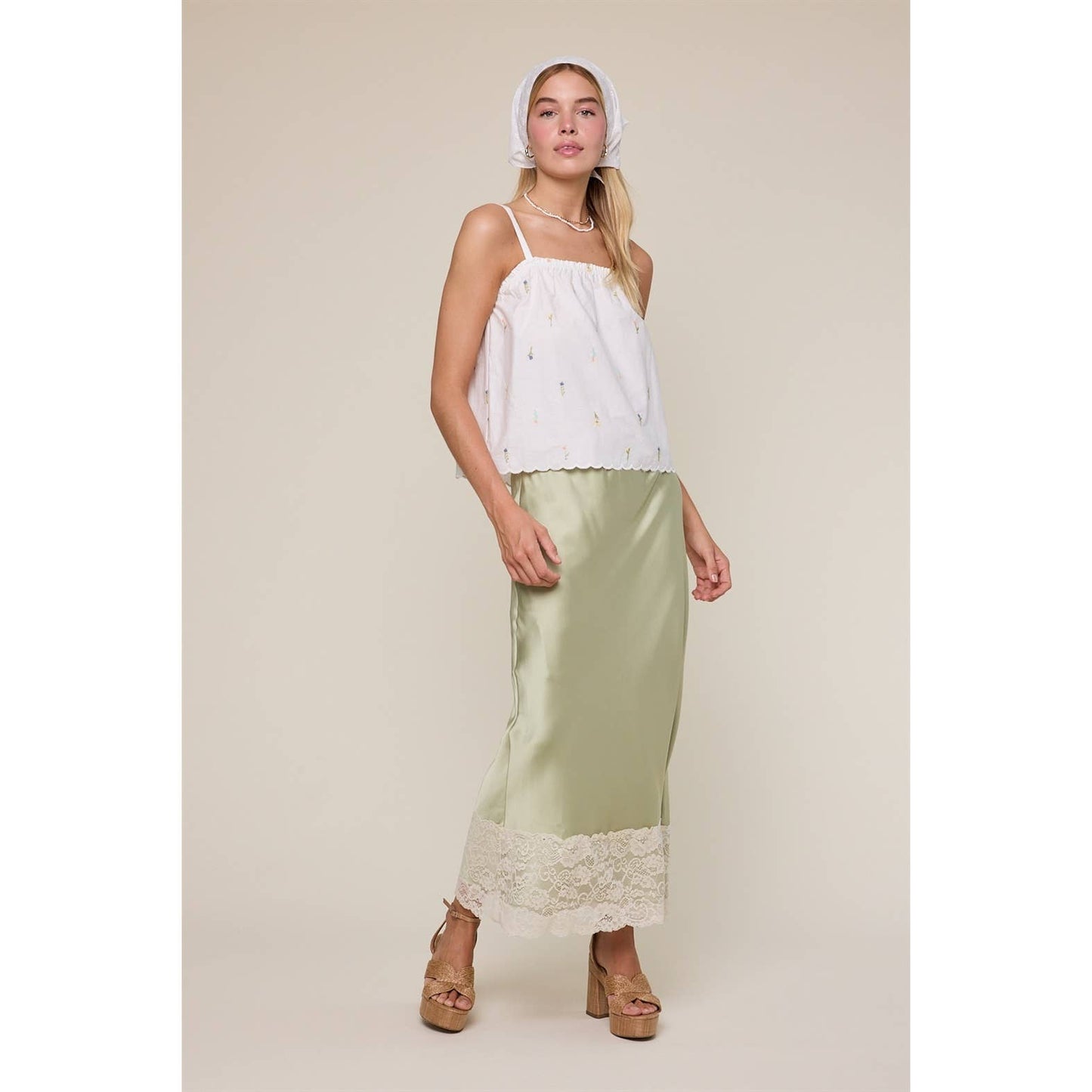 LACE TRIM SATIN MIDI SKIRT