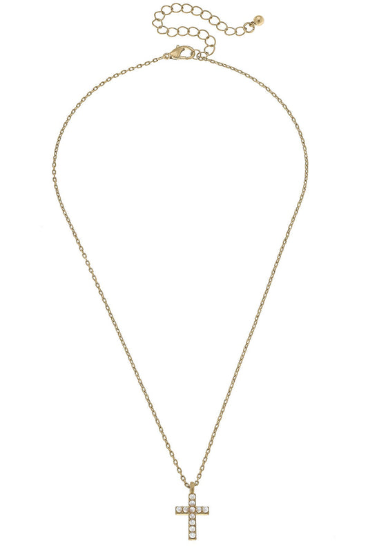 Meryl Pearl Studded Cross Pendant Necklace in Worn Gold