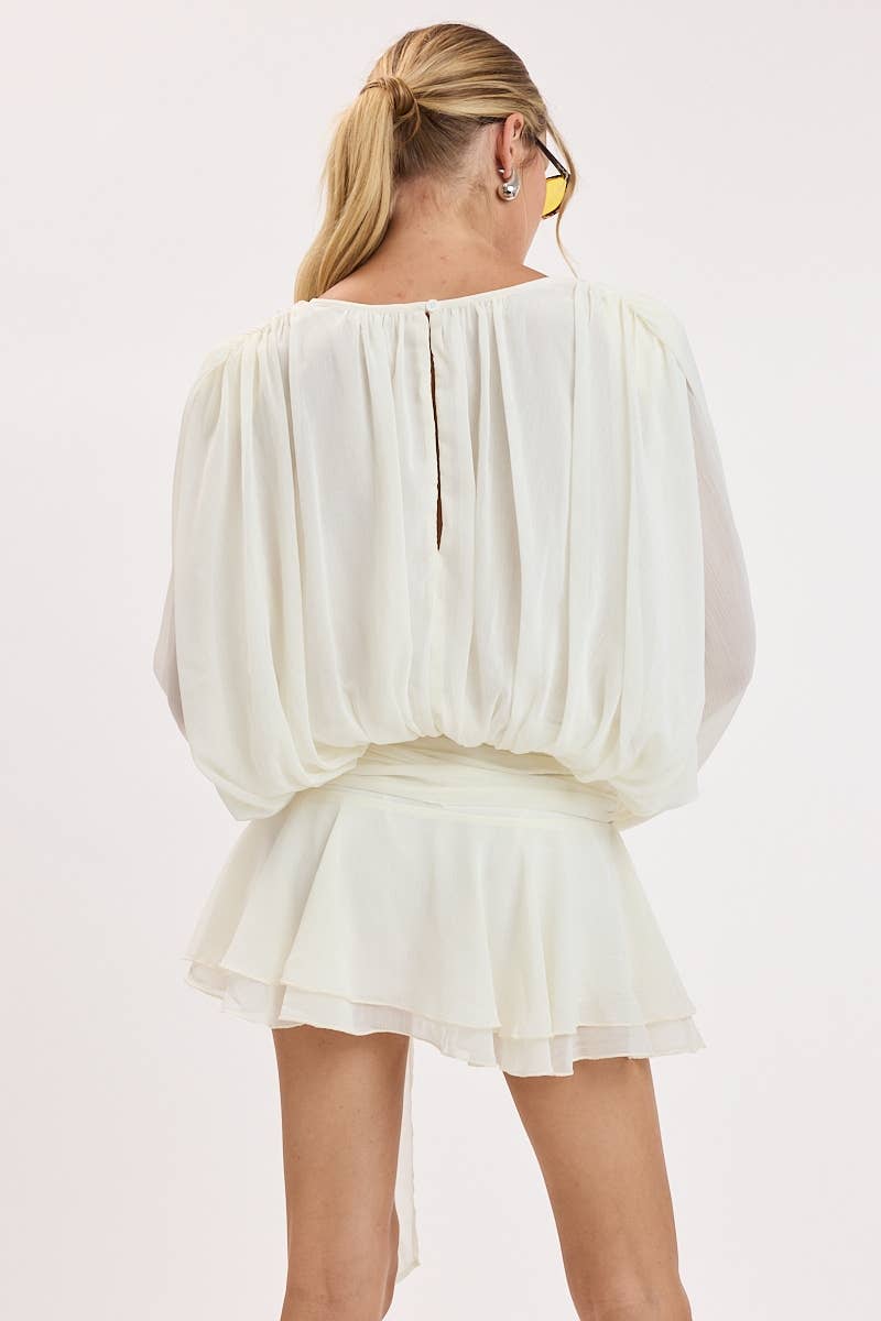 CRINKLE CHIFFON SHOULDER PAD RUFFLE MINI DRESS