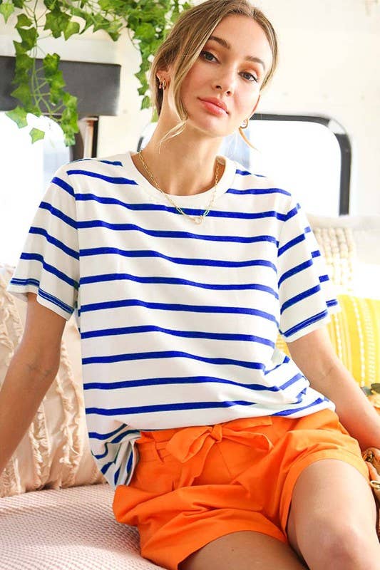 Striped Cotton Crew Neck Short-Sleeve Knit Top