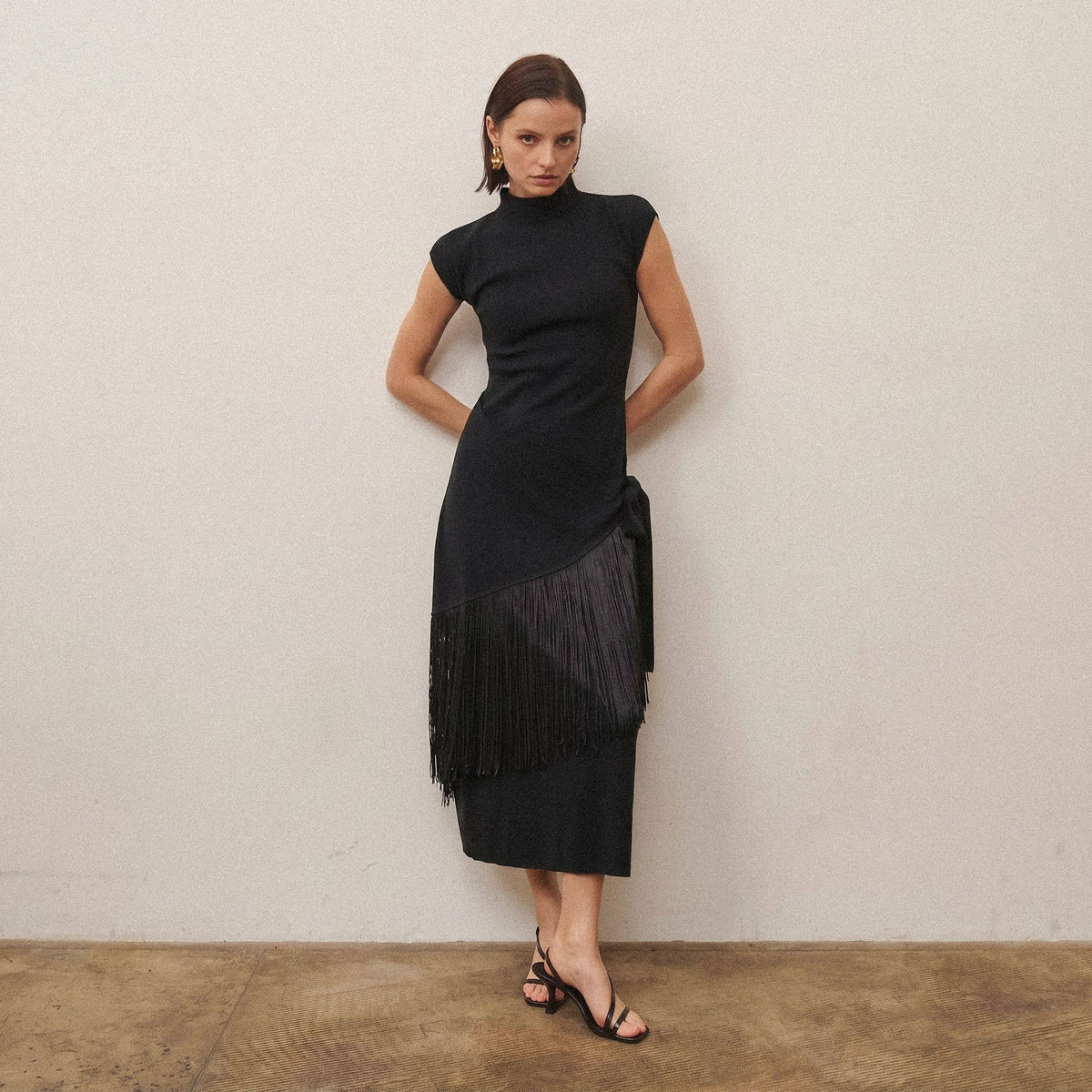 Fringe faux wrap dress