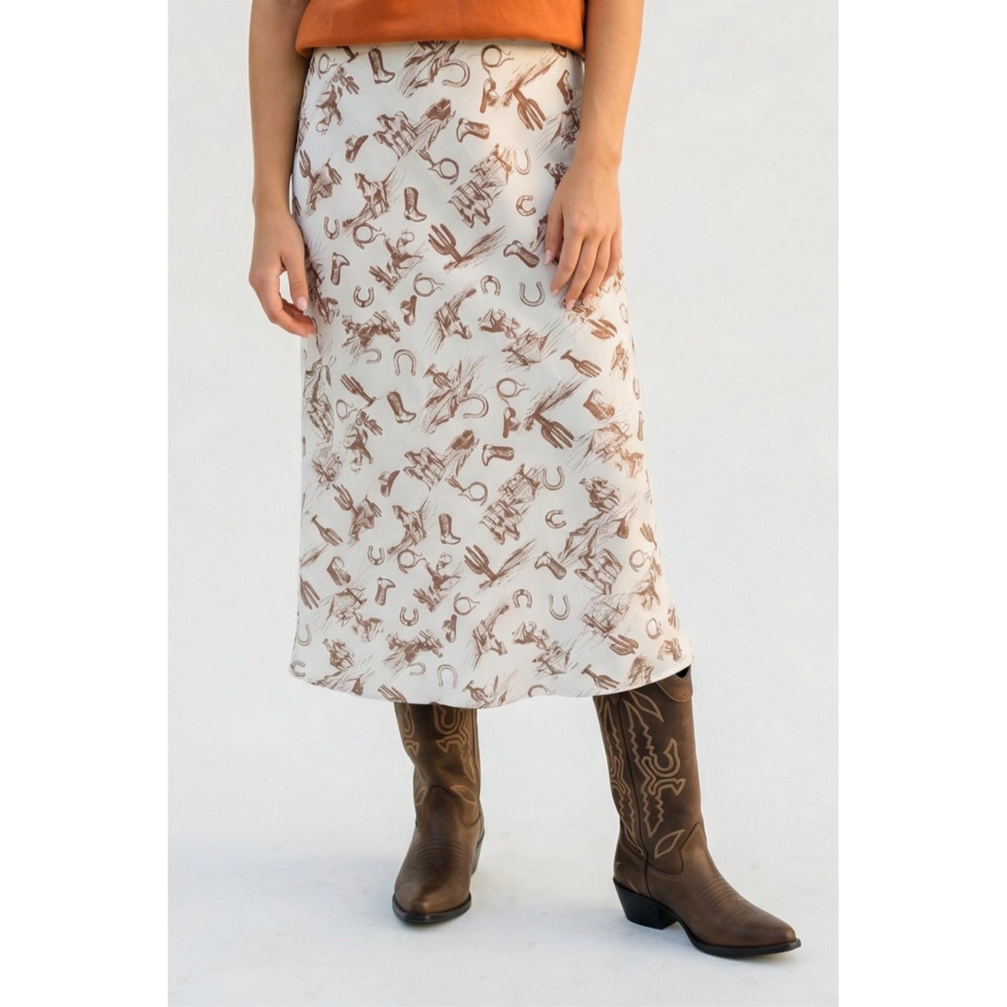 Western Print Satin Midi Skirt