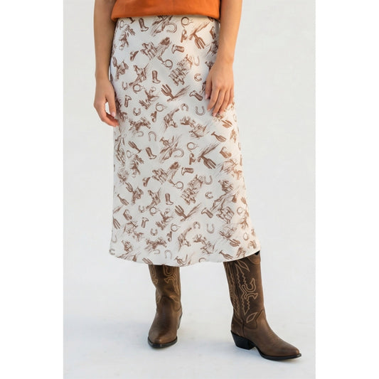Western Print Satin Midi Skirt