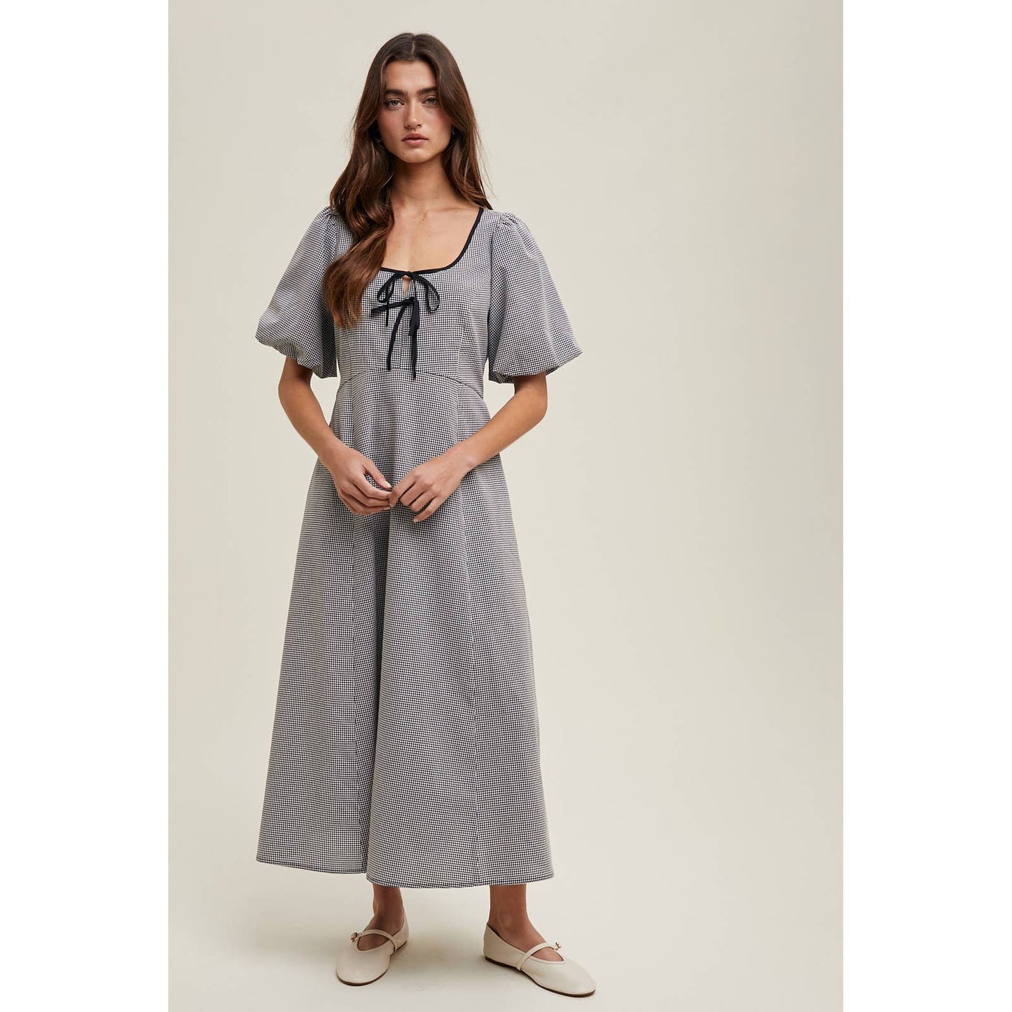 GINGHAM BOW DETAIL MIDI DRESS