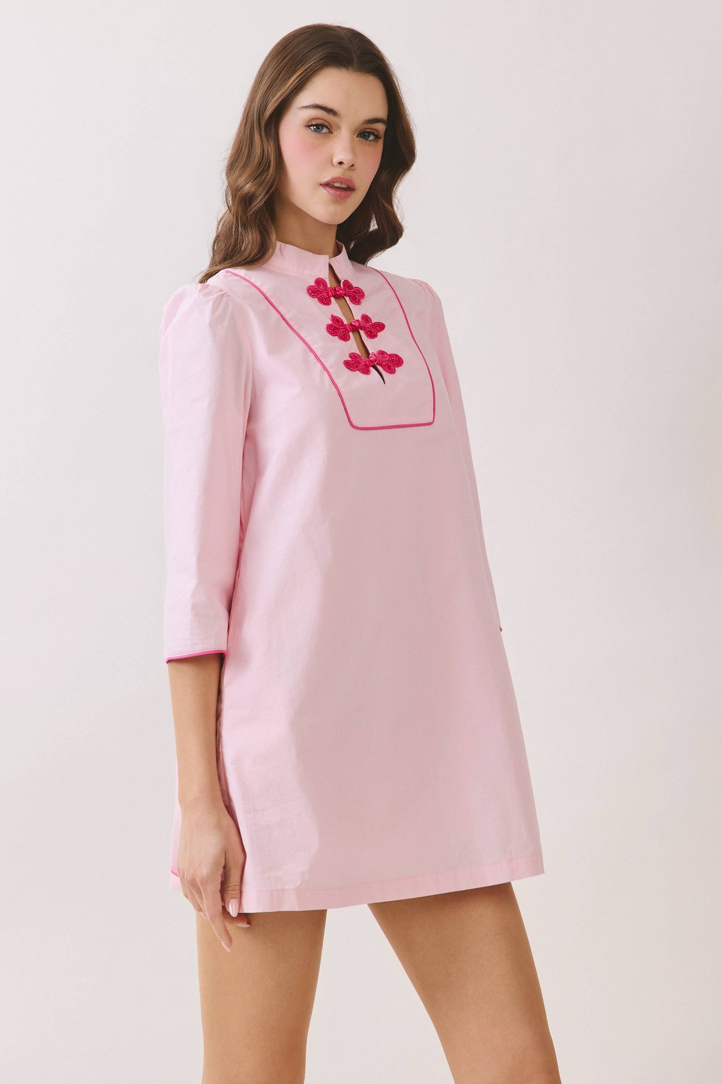 Mandarin Collar Contrast Frog Button Detail Dress