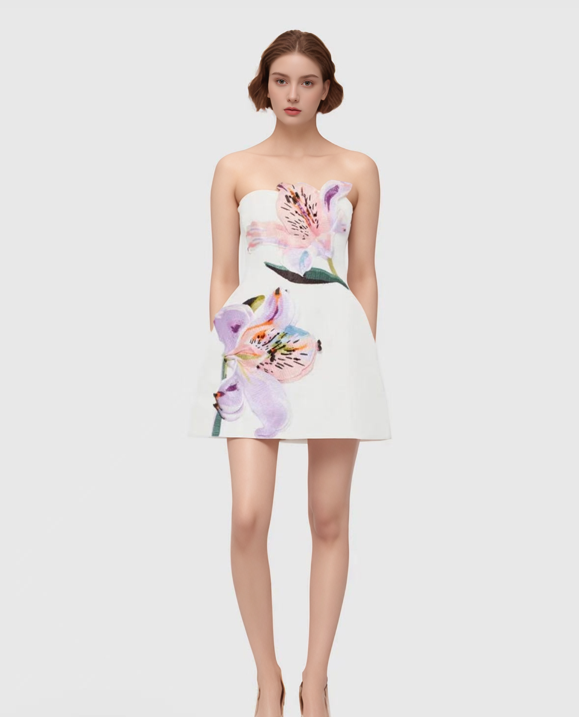 DR840Y Women’s Strapless Dress with 3D Floral Beaded Detail