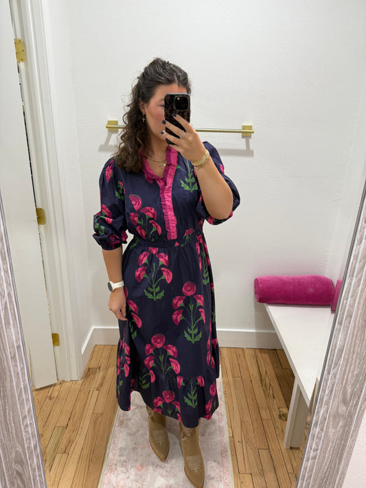 navy mix floral midi dress