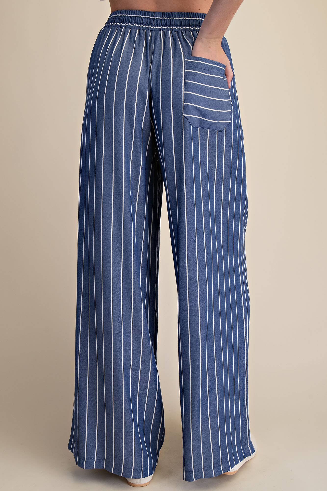 High Waist Elastic Band Stripe Wide Pants