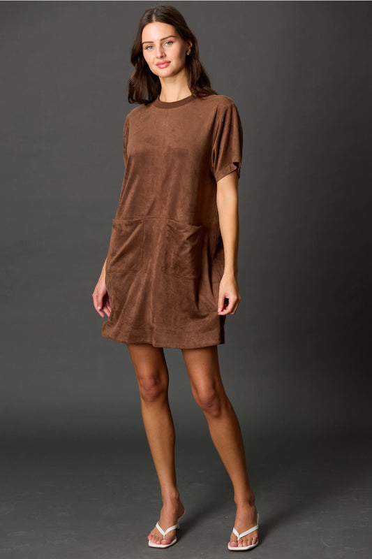 Faux Microsuede Short Sleeve Shift Dress