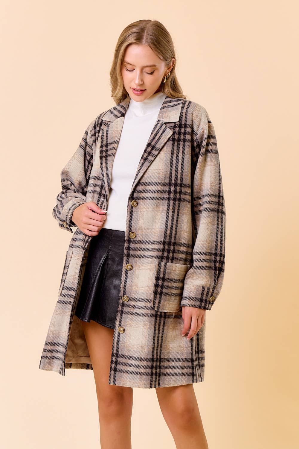 Plaid Front Button Closure Knee Length Coat