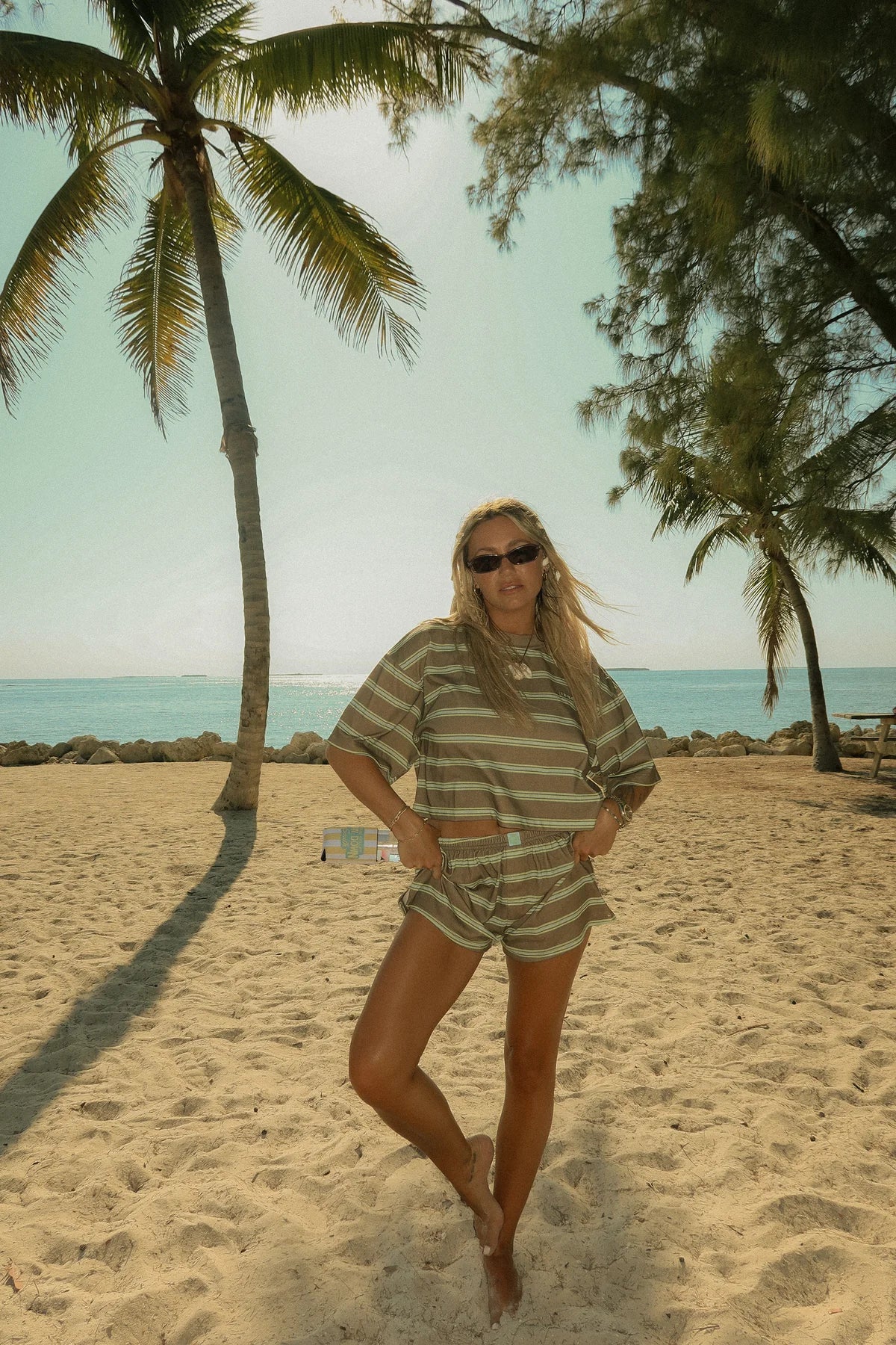 Base Camp Striped Boxy Tee/Short Set - Way Down South Tan Lines  - Tribe Kelly