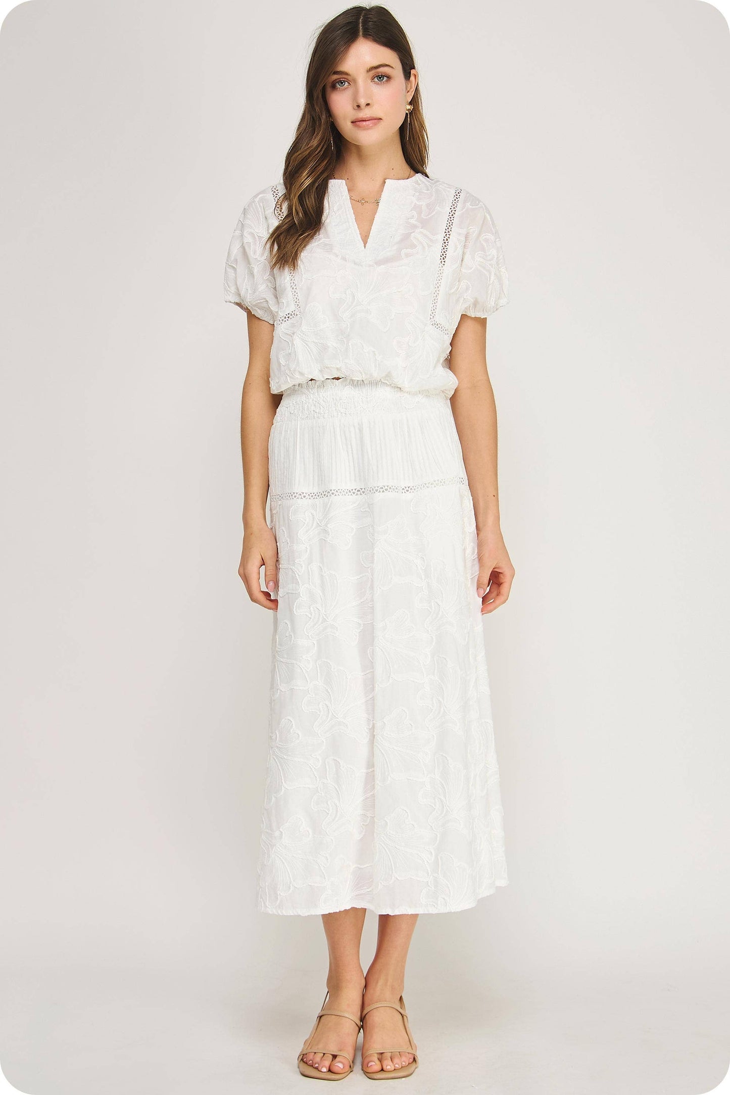Floral Embroidery Cotton Lace Trim Skirt Top Set