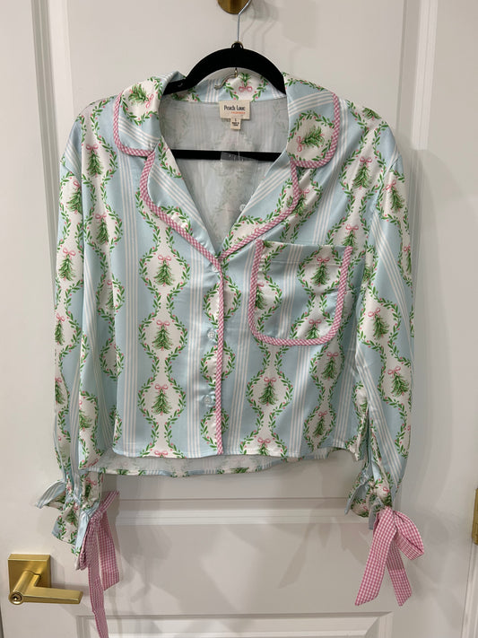 baby blue printed gingham tie pj set