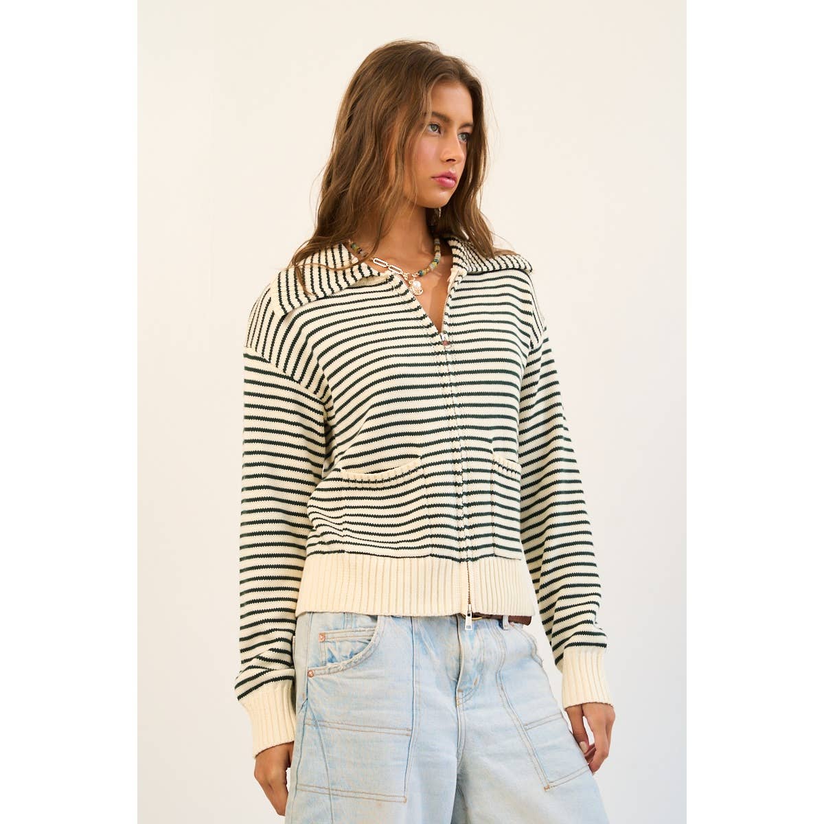 Striped Cotton Blend Zip-Up Sweater with Wide Collar
