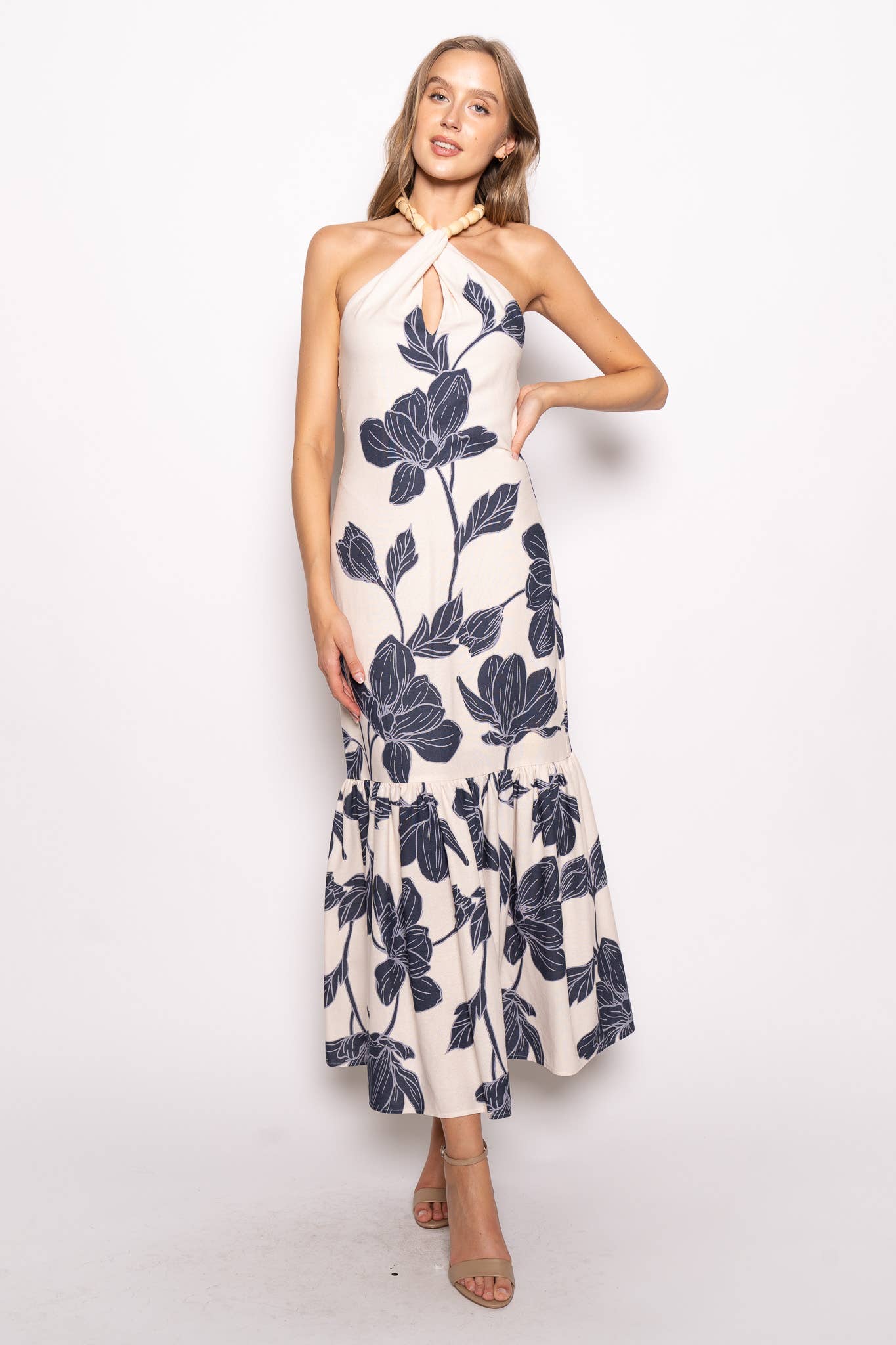 FLORAL BEAD HALTER MAXI DRESS