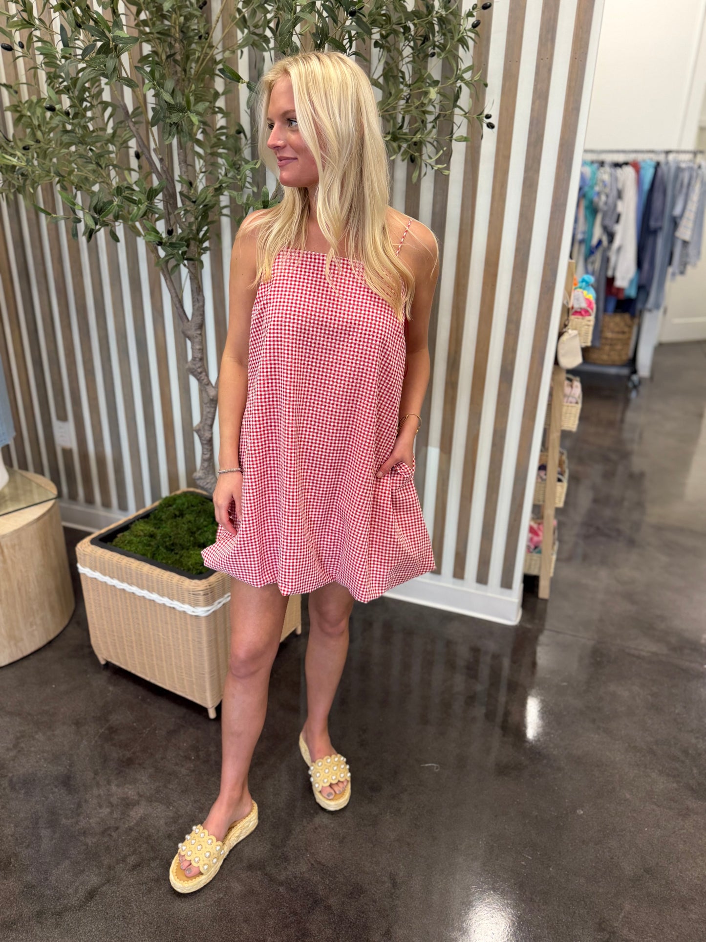 red gingham bubble hem mini dress