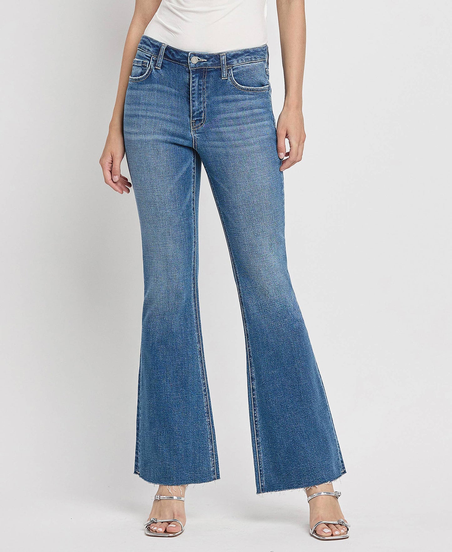 HIGH RISE RAW HEM RELAXED FLARE JEANS