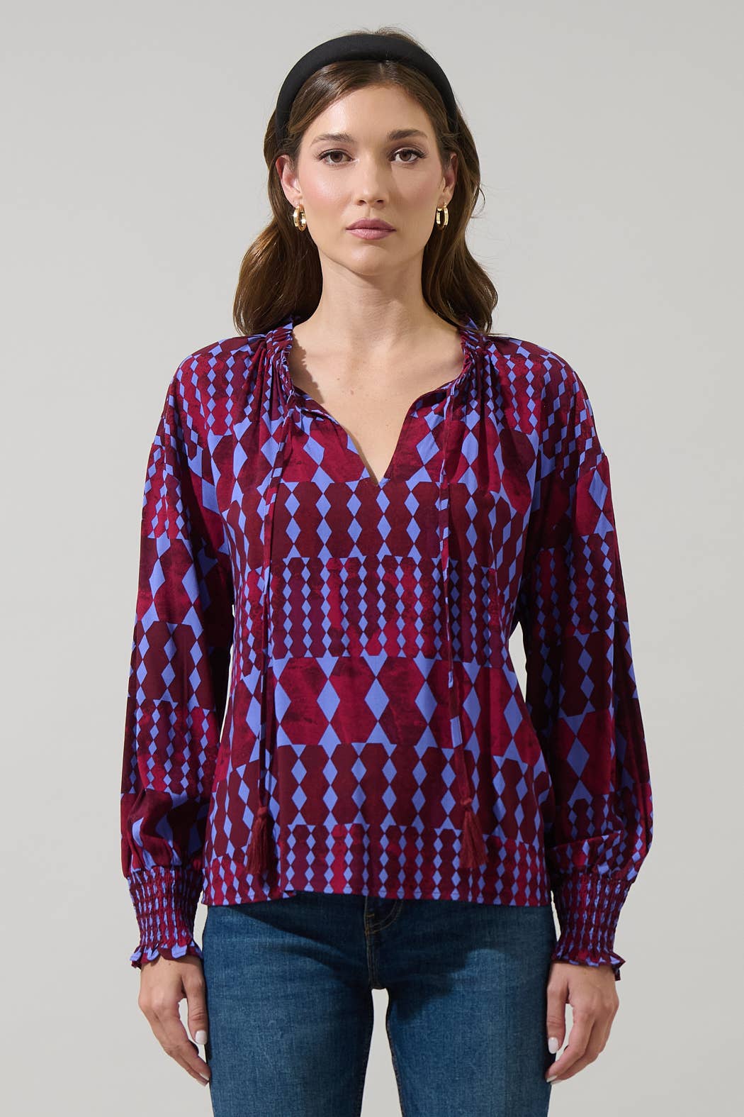 Ramsay Abstract Weylin Split Neck Tassel Blouse