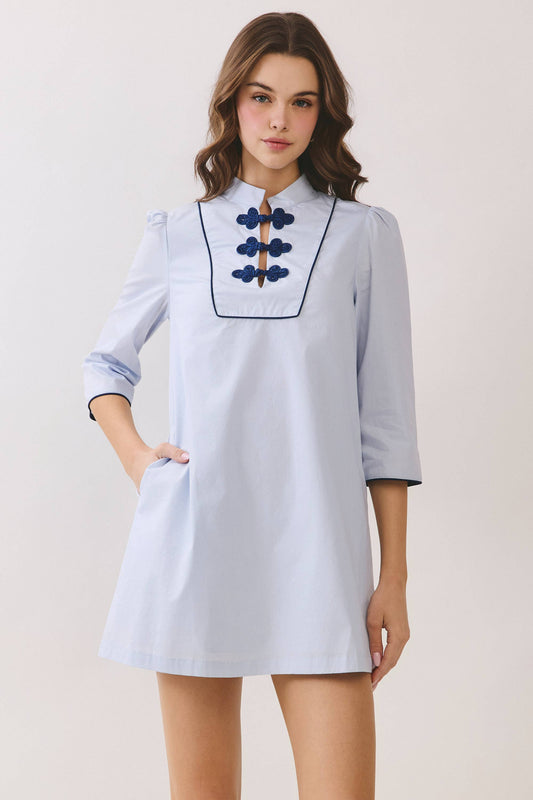 Mandarin Collar Contrast Frog Button Detail Dress