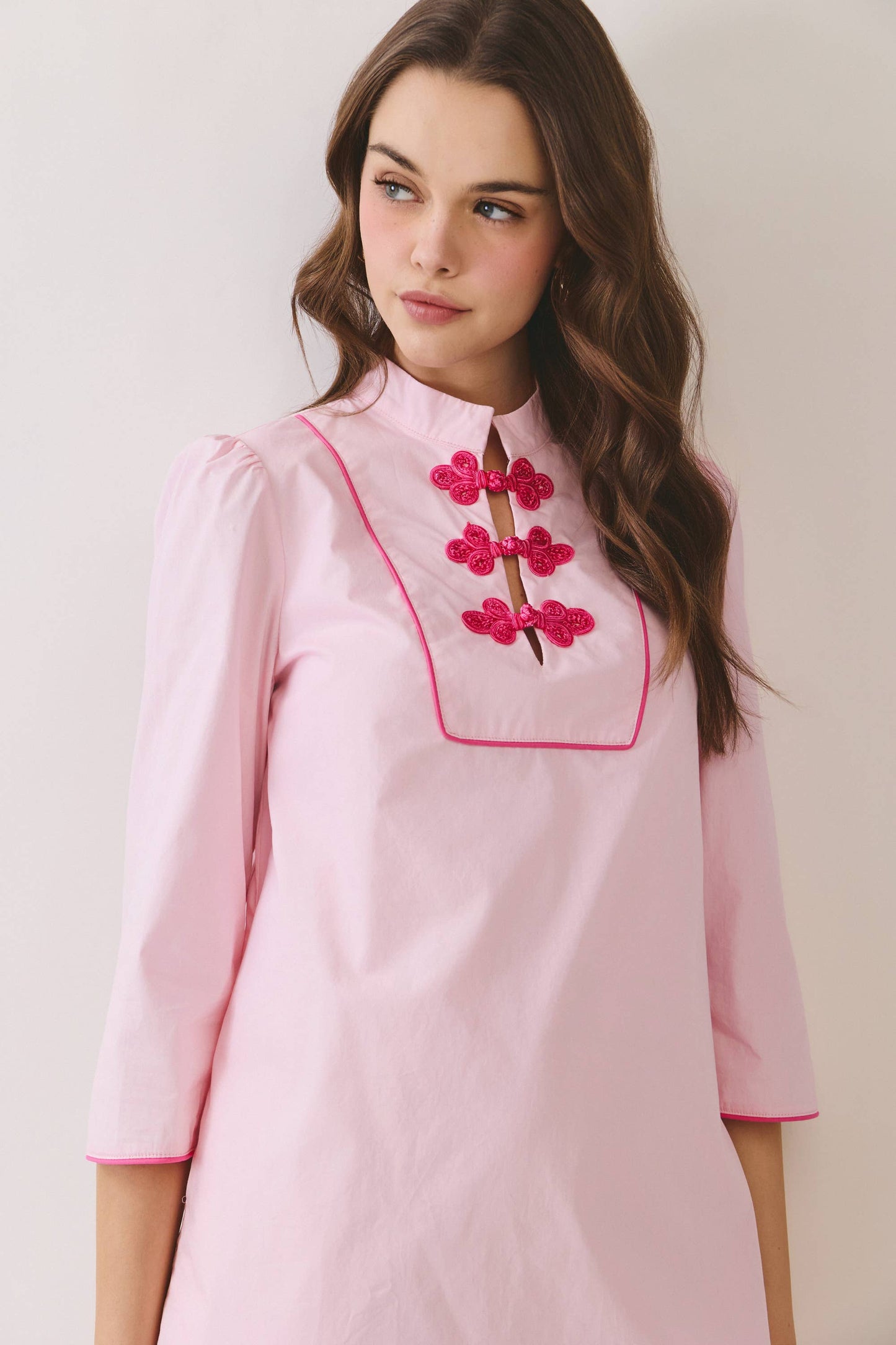 Mandarin Collar Contrast Frog Button Detail Dress