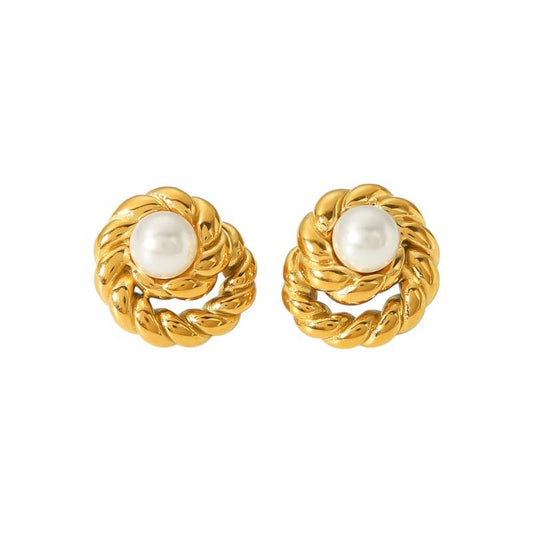 Gold Plated Braided Pearl Stud Earrings