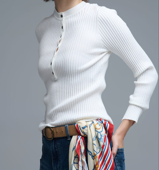 henley Long Sleeve Ribbed Sweater