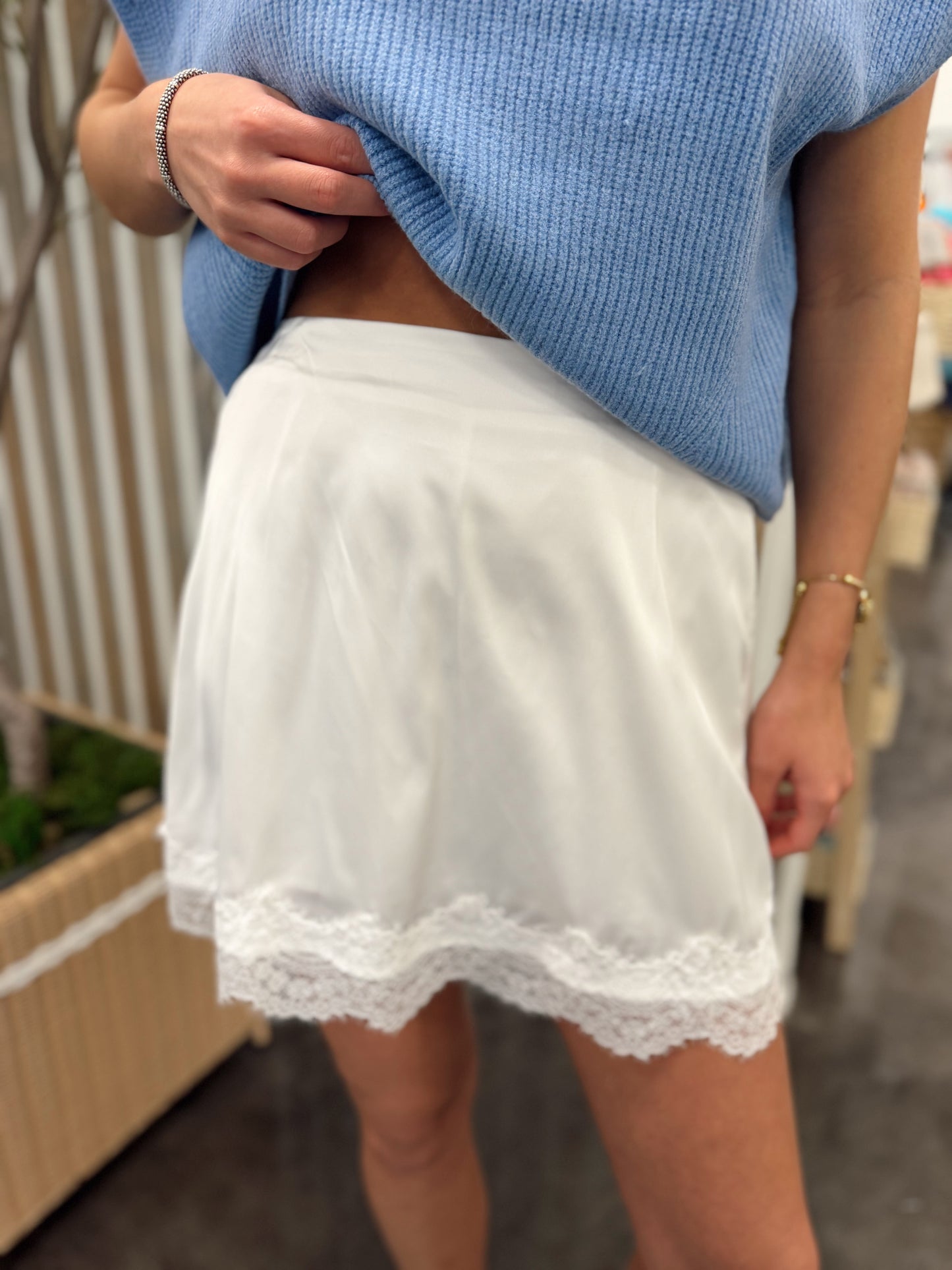 off white silk trim mini skort