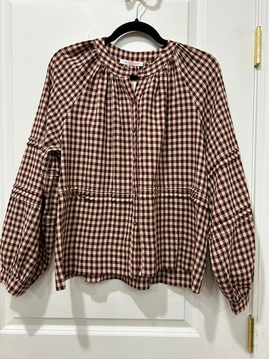 burgundy taupe gingham blouse