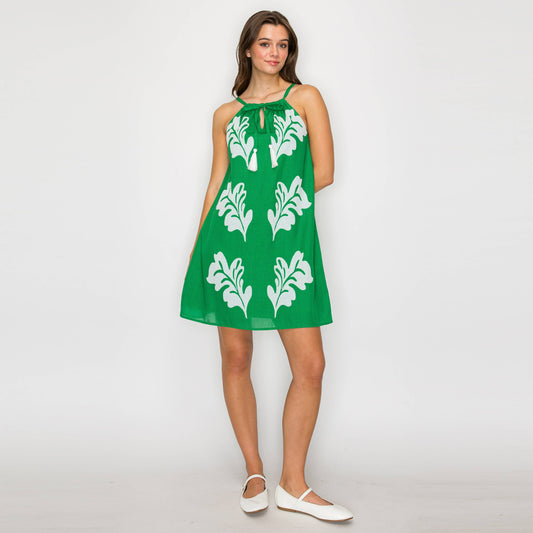 Green Leaves Placement Print Mini Halter Dress