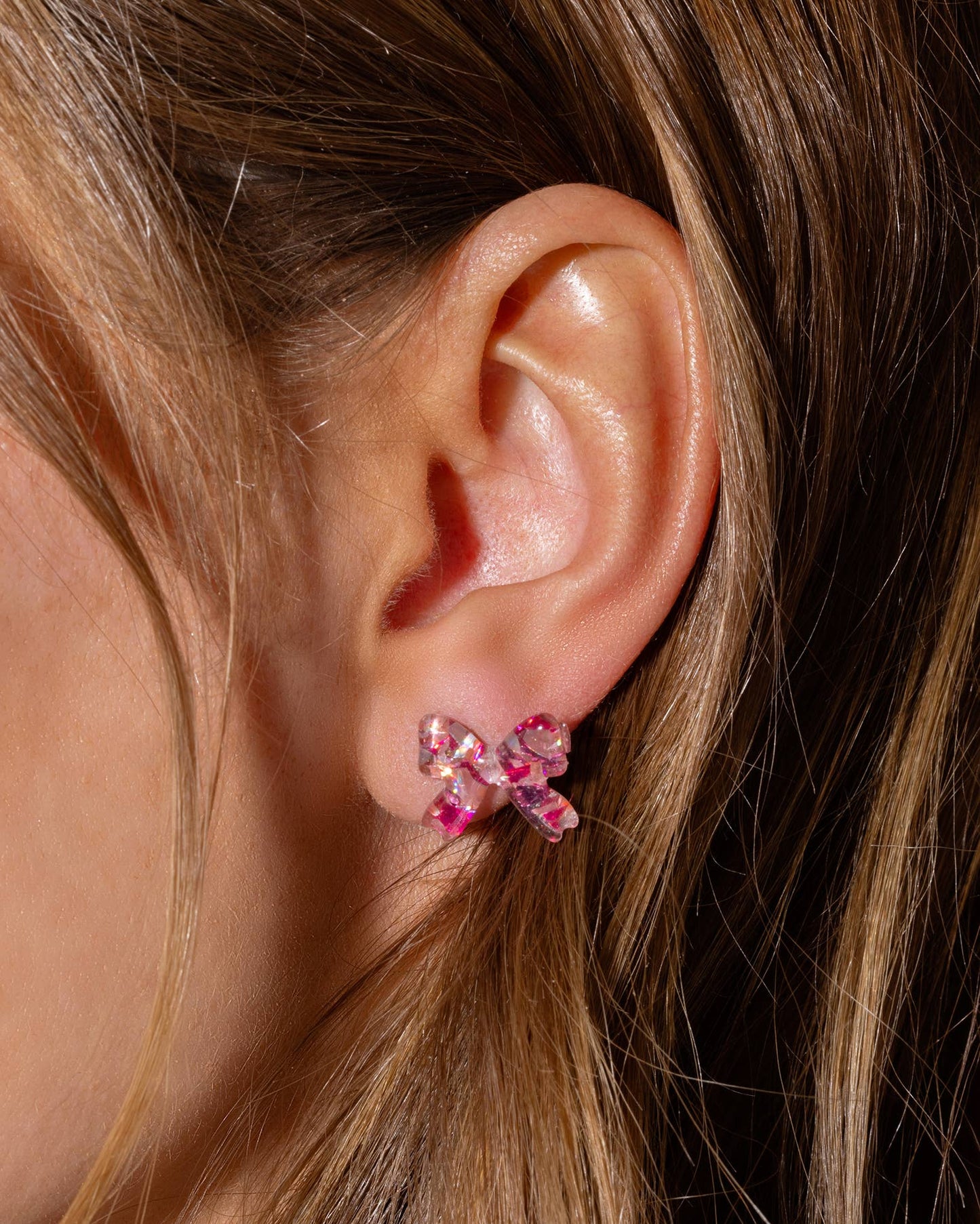 Stud Earrings - Acrylic Ribbon Bows - Pink + Silver Confetti
