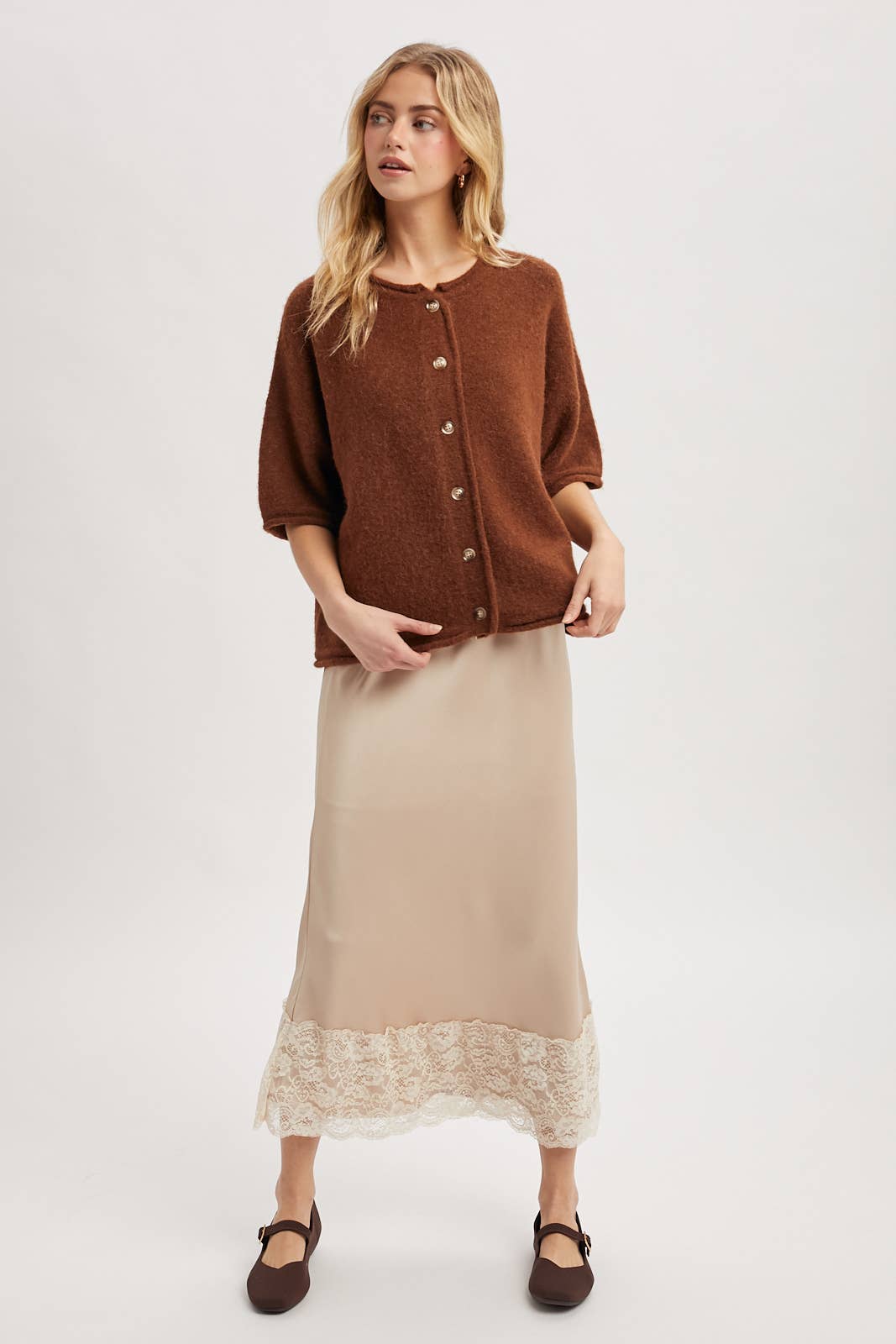 LACE TRIM SATIN MIDI SKIRT