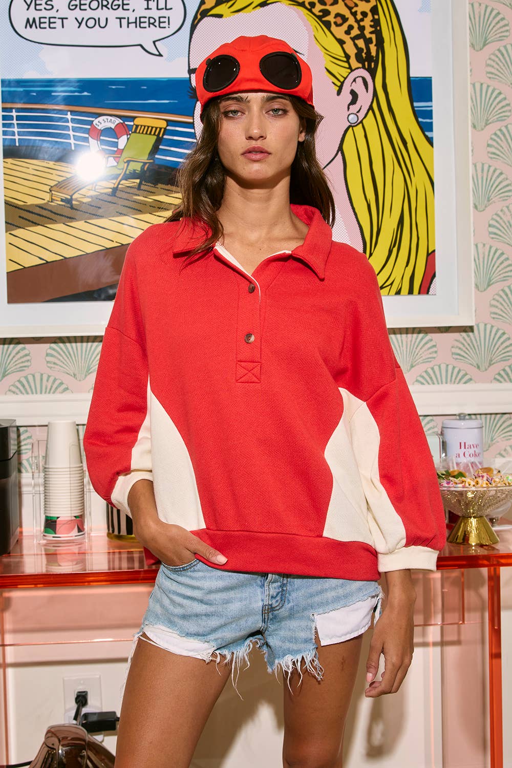 Contrast Color-Block Oversized Terry Sweatshirts Top
