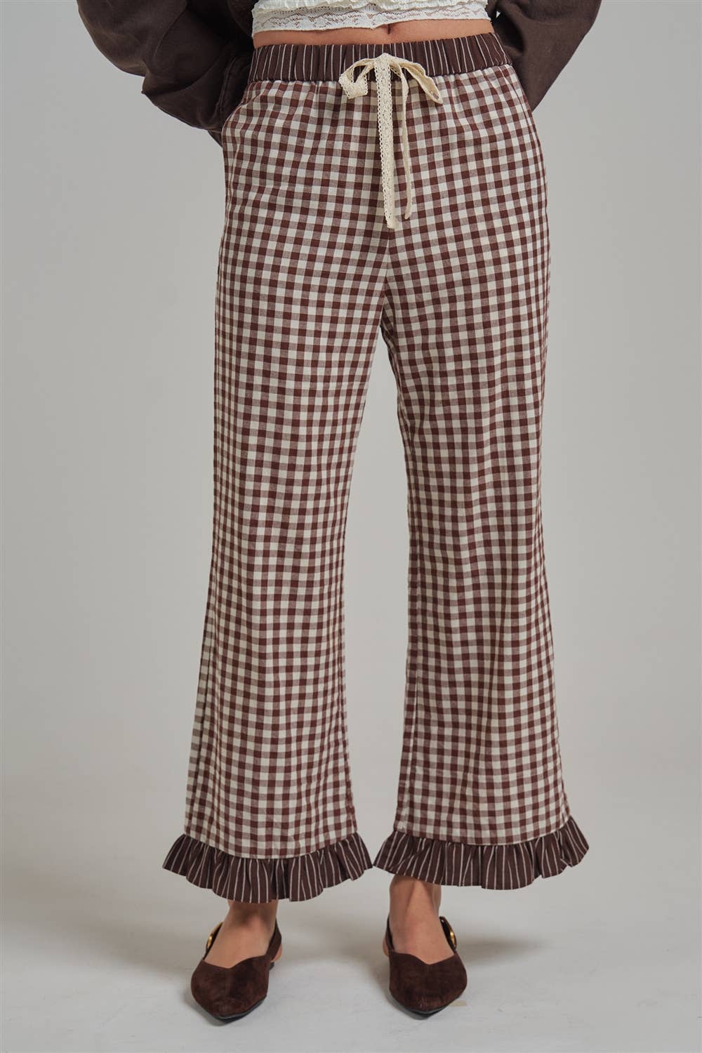 GINGHAM CHECK ELASTIC WAIST PANTS