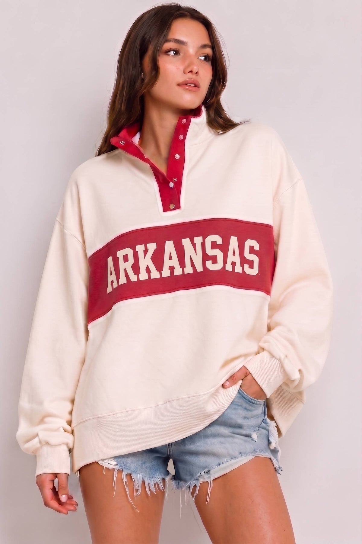'ARKANSAS' Varsity Snap-Placket Sport Pullover