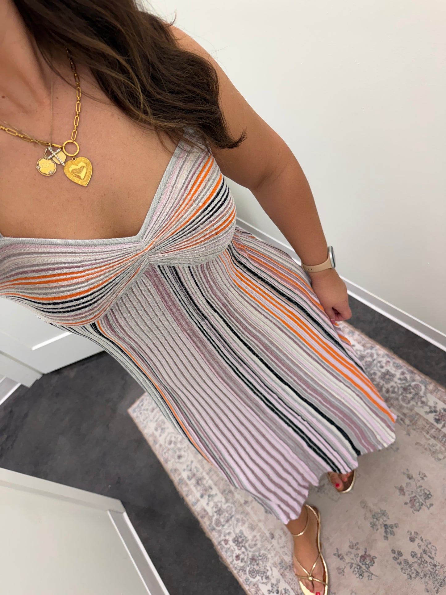 Summer Retro Knitted Dress with Striped Contrast