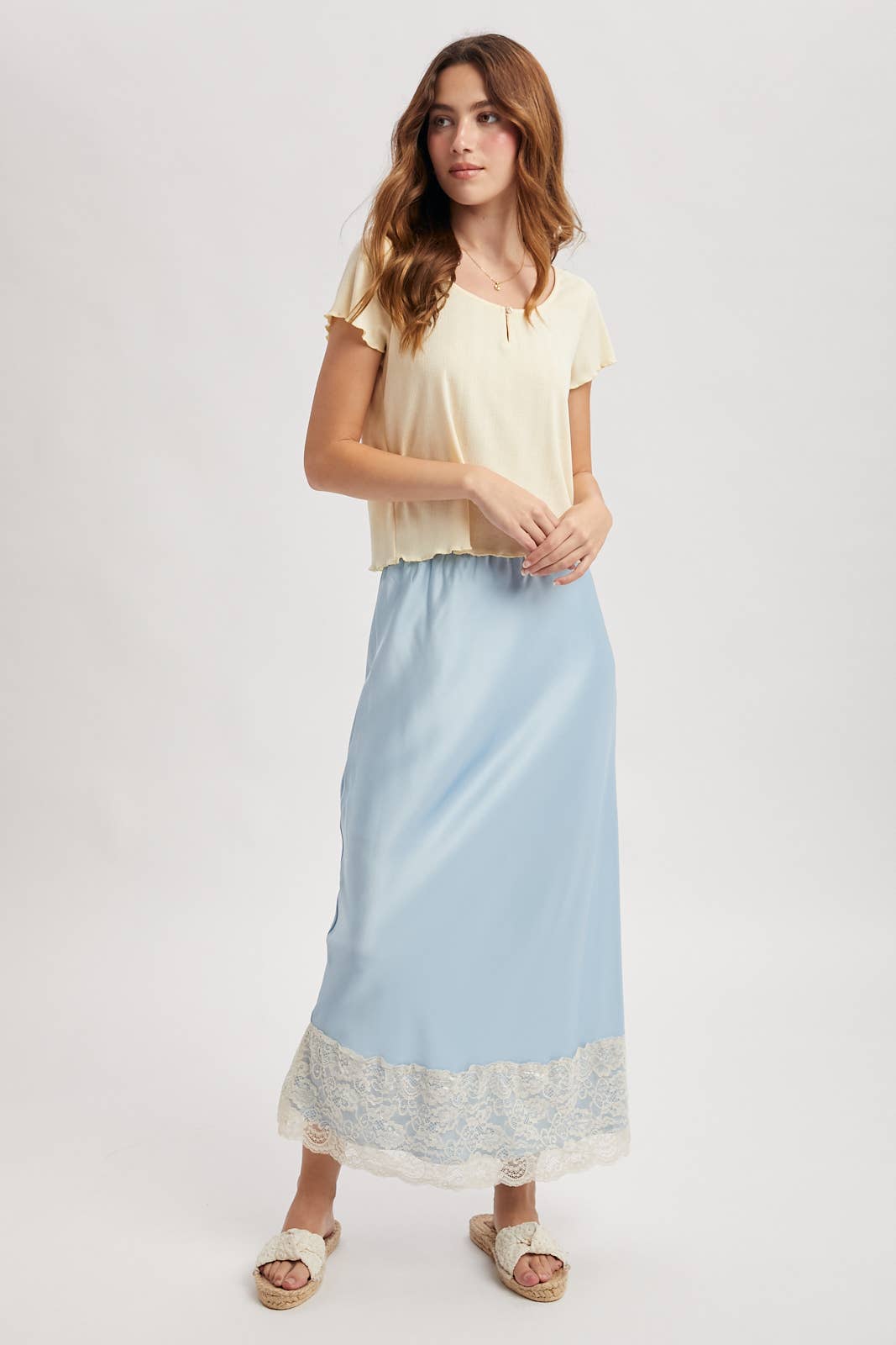 LACE TRIM SATIN MIDI SKIRT