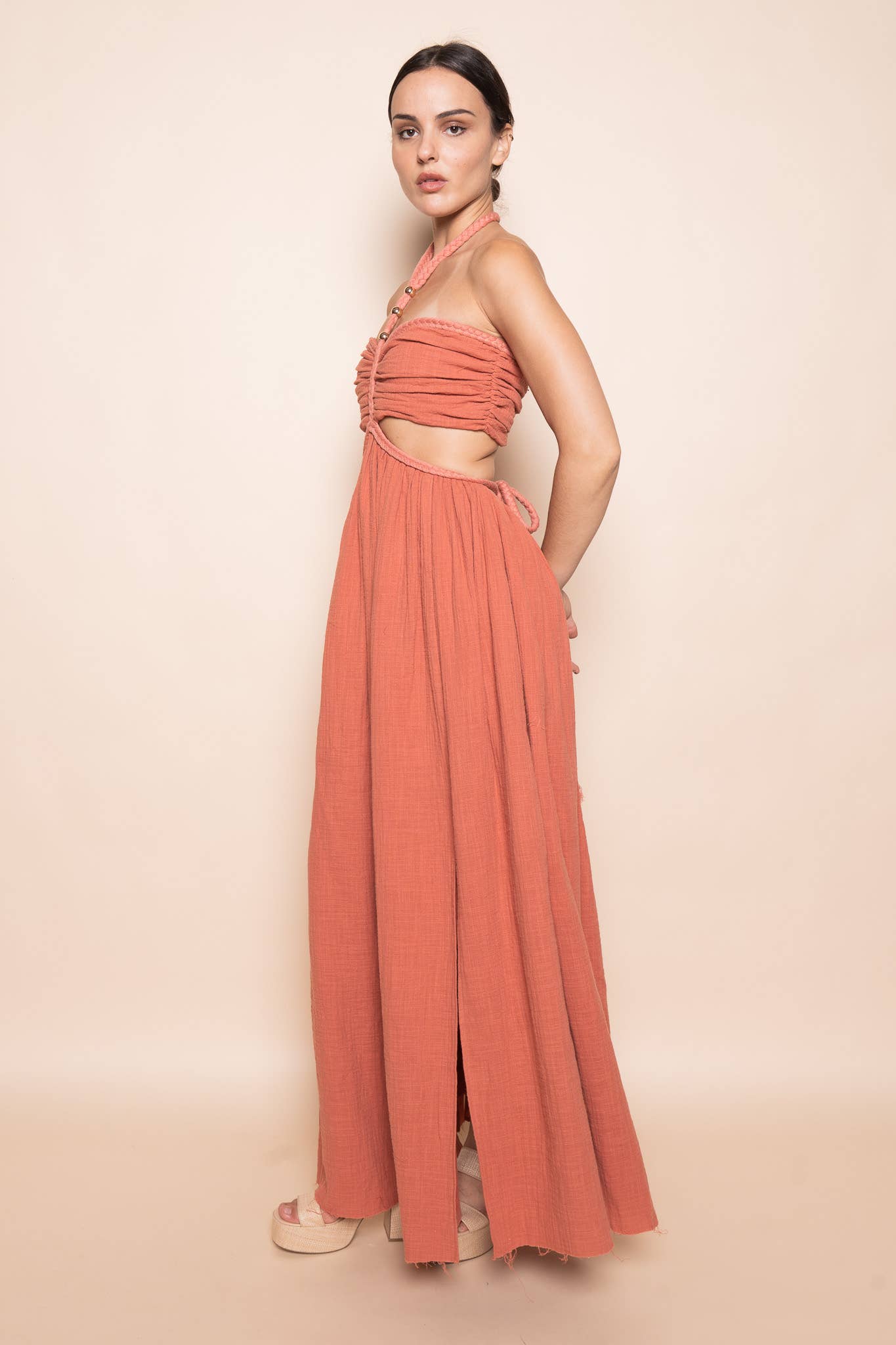 BRAIDED STRAP GOLD BEADIN CUT OUT WAIST MAXI DRESS