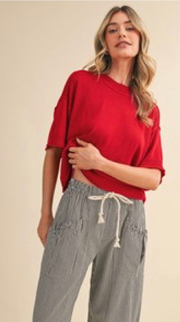 LIGHTWEIGHT KNIT MOCK NECK SHORT SLEEVE SWEATER red