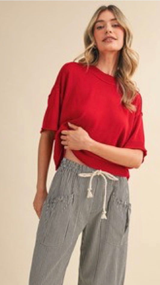 LIGHTWEIGHT KNIT MOCK NECK SHORT SLEEVE SWEATER red